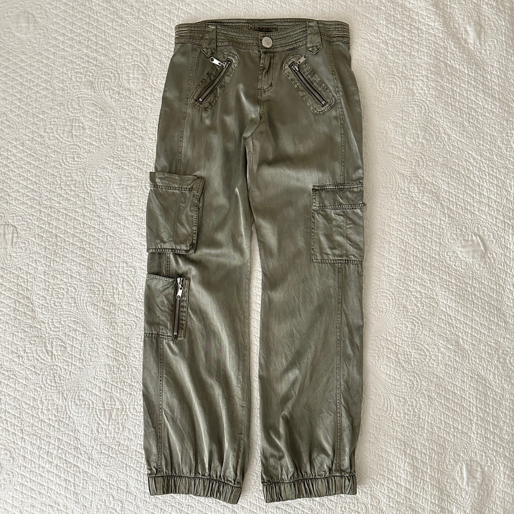Vintage 90s Y2K Z Cavaricci Olive Satin Cargo Jogger Pants Size 7
